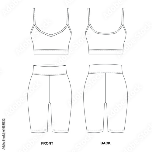  Collection of vector patterns of bike shorts and tank top in white. Outline template of women's top and shorts front and back view. Sketch of corrective elastic underwear.