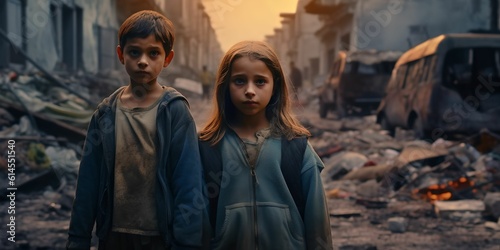 Small children war orphan survivor in a destroyed city