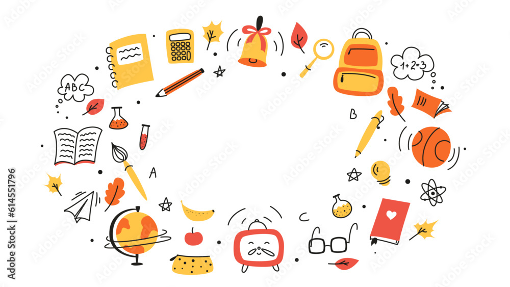 Fototapeta premium Background for school, school theme, school doodles, inscription in a notebook, training, lessons, time for training, Set of school tools, set of education icons, back to school