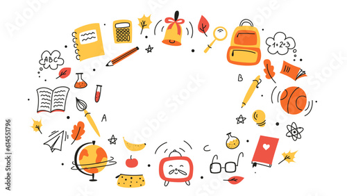 Background for school, school theme, school doodles, inscription in a notebook, training, lessons, time for training, Set of school tools, set of education icons, back to school