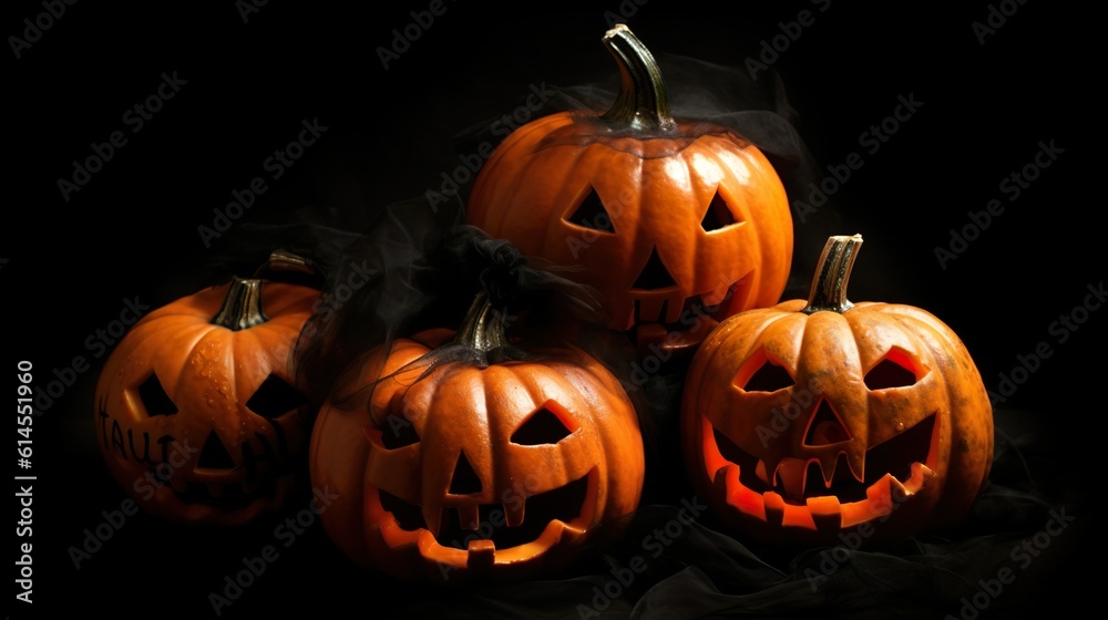 Scary pumpkins glowing lantern with an evil grin for Halloween. Generative Ai technology. Scary pumpkins glowing lantern with an evil grin for Halloween. Generative Ai technology.