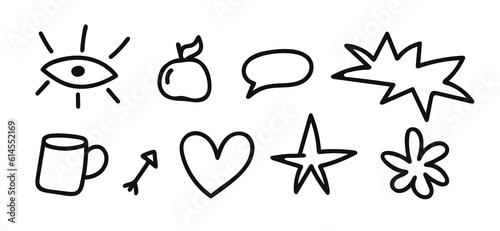 Doodle  scribble element set. Cartoon eye  apple  coffee cup  heart  arrow  star and flower in hand drawn groovy style. Outline tattoo or clothes print sketch  Full Vector 