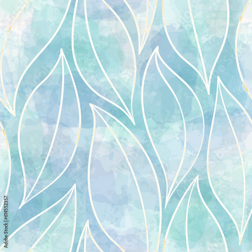 Blue leaves seamless vector pattern. Watercolor tea leaf background, textured jungle print.