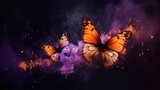 Butterfly's in purple and orange smoke with shiny glitter particles, abstract graphic background of butterfly, website banner background AI