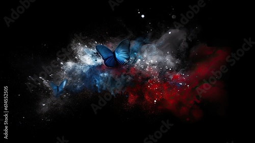 Butterfly's in red, white and blue smoke with shiny glitter stars, abstract graphic background of butterfly for 4th of July, website banner background AI