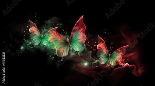 Butterfly's in green and rede smoke with shiny glitter particles, abstract graphic background of butterfly for Christmas, website banner background AI photo