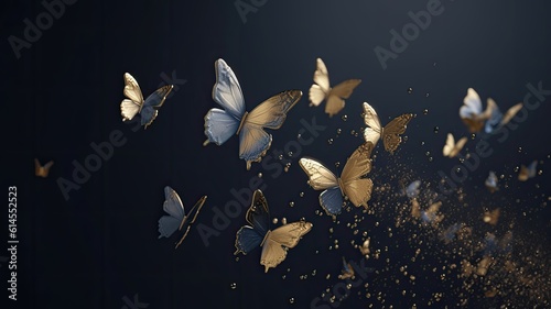 Butterfly's in navy blue and gold smoke with shiny glitter particles, abstract graphic background of butterfly, website banner background AI