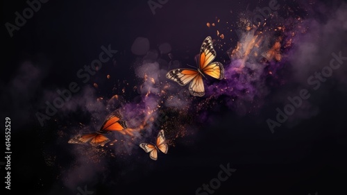 Butterfly's in purple and orange smoke with shiny glitter particles, abstract graphic background of butterfly, website banner background AI © Michael