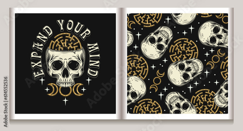 Vintage label, pattern with human skull like cup, labyrinth, stars, tripple goddes sign. Concept of sacred spirit, magic, expanded mind, psychic abilities. Mystical surreal illustration