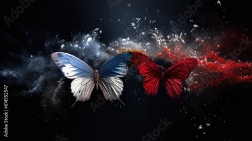 Butterfly's in red, white and blue smoke with shiny glitter particles, abstract graphic background of butterfly, website banner background AI © Michael