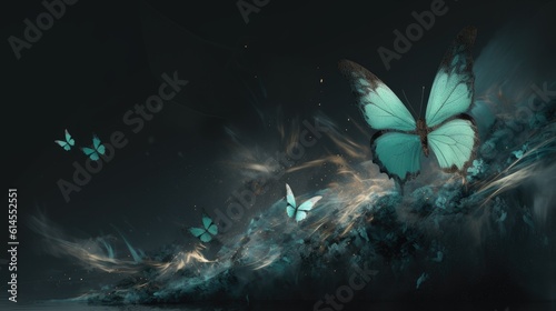 Butterfly's in teal and gray smoke with shiny glitter particles, abstract graphic background of butterfly, website banner background AI