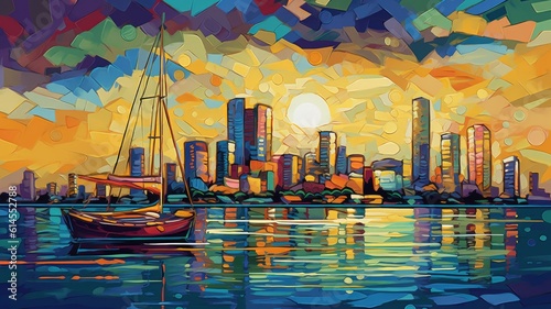 Painting Miami, Van Gogh style night landscape, colorful background art, AI