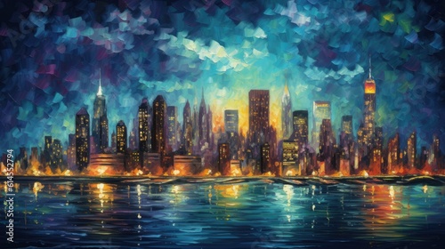 Painting New York, Van Gogh style night landscape, colorful background art, AI