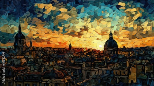 Painting Madrid, Van Gogh style night landscape, colorful background art, AI