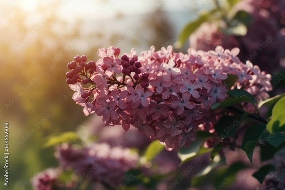 Spring branch of blossoming lilacs against blue sky background, selective focus.