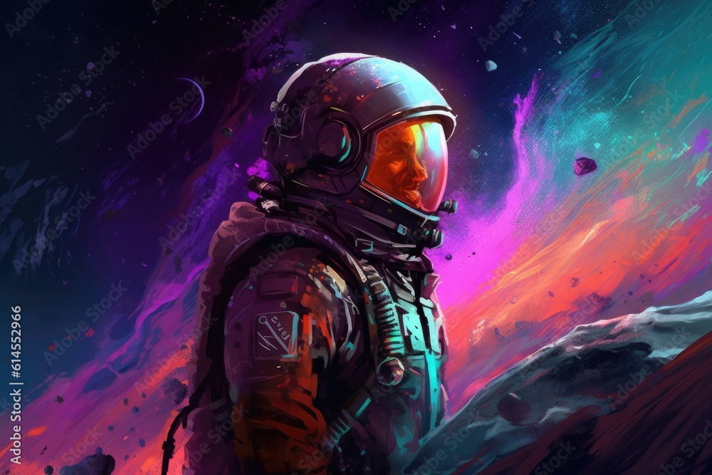 Spacepunk concept art of astronaut surrounded by colorful nebula, space punk graphic of man in space, AI