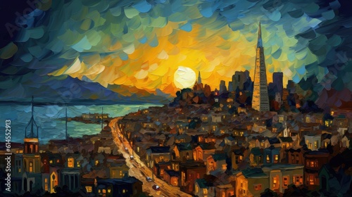 Painting San Francisco, Van Gogh style night landscape, colorful background art, AI
