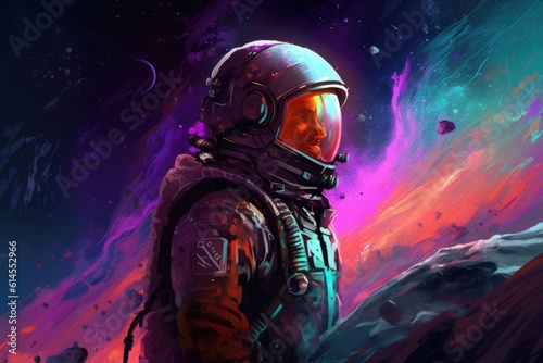 Spacepunk concept art of astronaut surrounded by colorful nebula, space punk graphic of man in space, AI