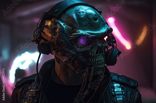 Spacepunk concept art of skeleton mask astronaut, space punk graphic of woman in space, AI