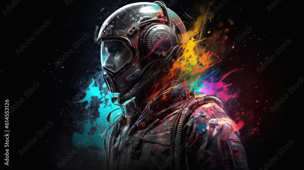 Spacepunk concept art, space punk graphic of man in space with colorful nebula background, AI Spacepunk concept art, space punk graphic of man in space with colorful nebula background, AI