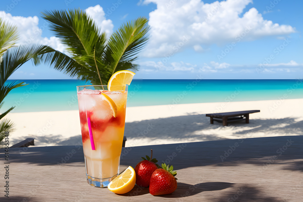 Obraz premium Cocktails on a tropical beach with palm trees and turquoise water. Summer vacation concept. Teasty cocktail. Beautyful background. Generative AI technology.