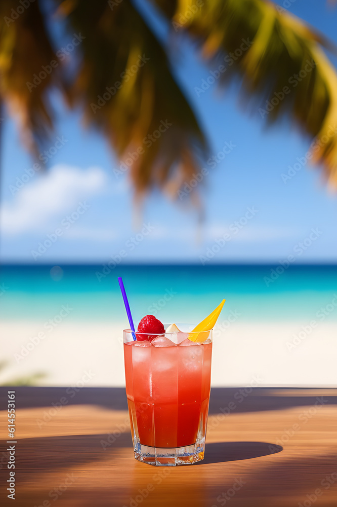 Cocktails on a tropical beach with palm trees and turquoise water. Summer vacation concept. Teasty cocktail. Beautyful background. Generative AI technology. Cocktails on a tropical beach with palm trees and turquoise water. Summer vacation concept. Teasty cocktail. Beautyful background. Generative AI technology.