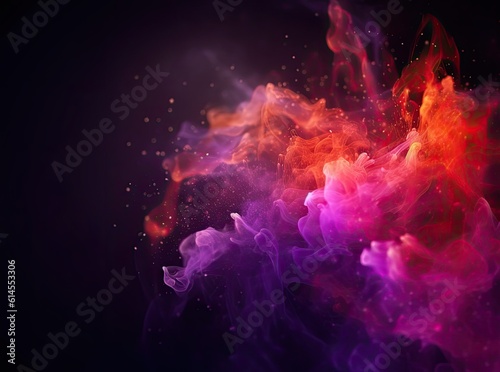 Violet and coral smoke with shiny glitter particles graphic background, smokey backdrop, AI