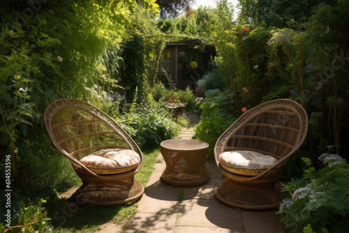 Two wicker chairs in the beautiful, sunny garden.  © Kateryna