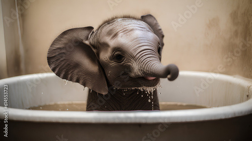 Baby Elephant taking a bath in a bathtub
