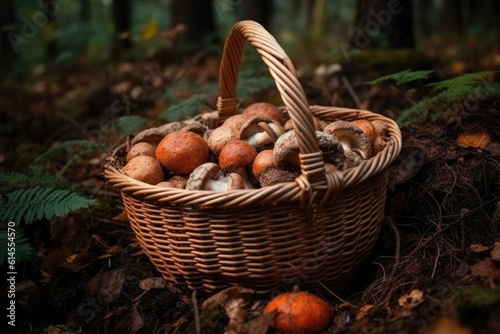 Basket with mushrooms in the forest.