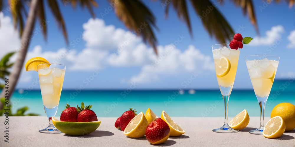 Obraz premium Cocktails on a tropical beach with palm trees and turquoise water. Summer vacation concept. Teasty cocktail. Beautyful background. Generative AI technology.