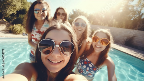 Cheerful Teen Girls in Swimming Pool Selfie  Friends Group in sunglasses  Laughing at Refreshing Swimming Pool - Active Summer Vacation and Family Fun  Water Activities  Sunny Days. generative ai