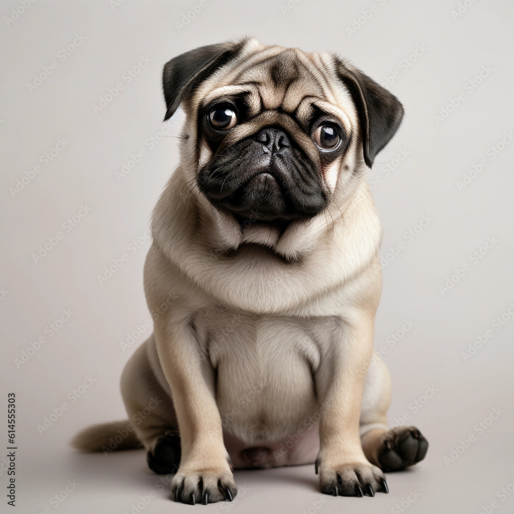 Cute baby pug dog sitting, front view, looking curiously into the camera , pet  portrait, studio shot, portrait of a pet