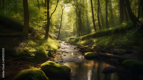 Green forest in sunlight with forest stream © StockSavant