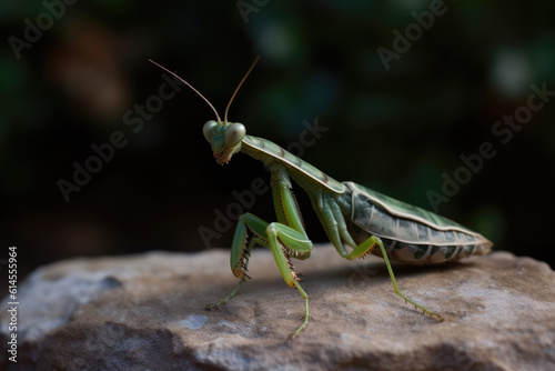 Mantis on the garden, stone bench. © Kateryna