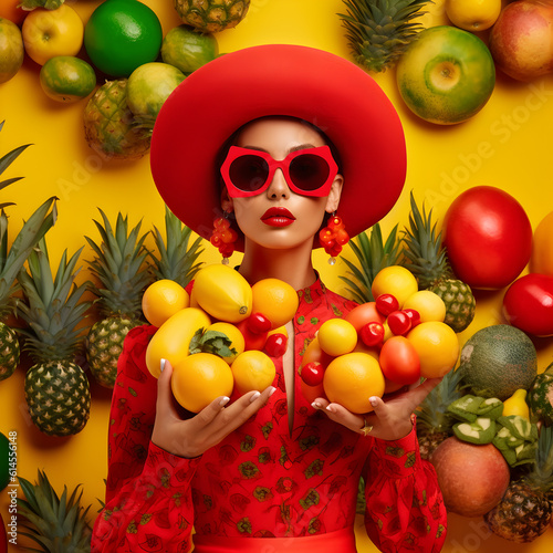 woman in red dress and large sunglasses among fruit, in the style of colorful