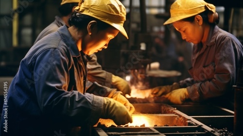 photo of asian welder workers in a metal factory working with their hands and tools with blue uniform and yellow caps and helmets. Generative AI 