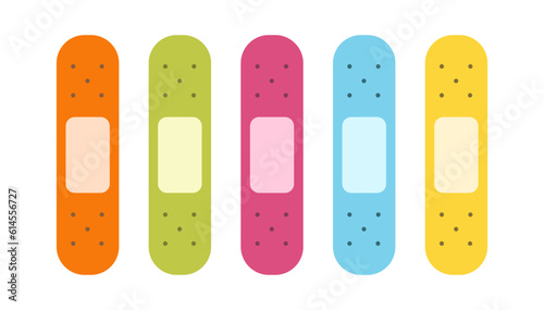 Flat cute set of band aids illustrations with hearts. Medical bandage collection of icons.
