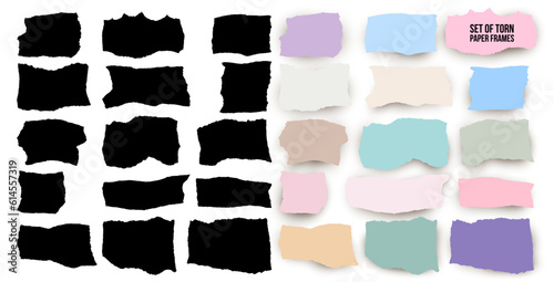 Set of torn paper frames. Collage shape of colorful and black ripped papers silhouettes vector. Collection colored of torn and crumpled paper pieces with shadow isolated on white background.