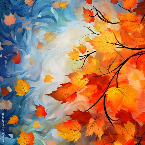 Autumn background. The wind rips yellow maple leaves from the tree. Colorful design for textile, banner, certificate. Generative AI