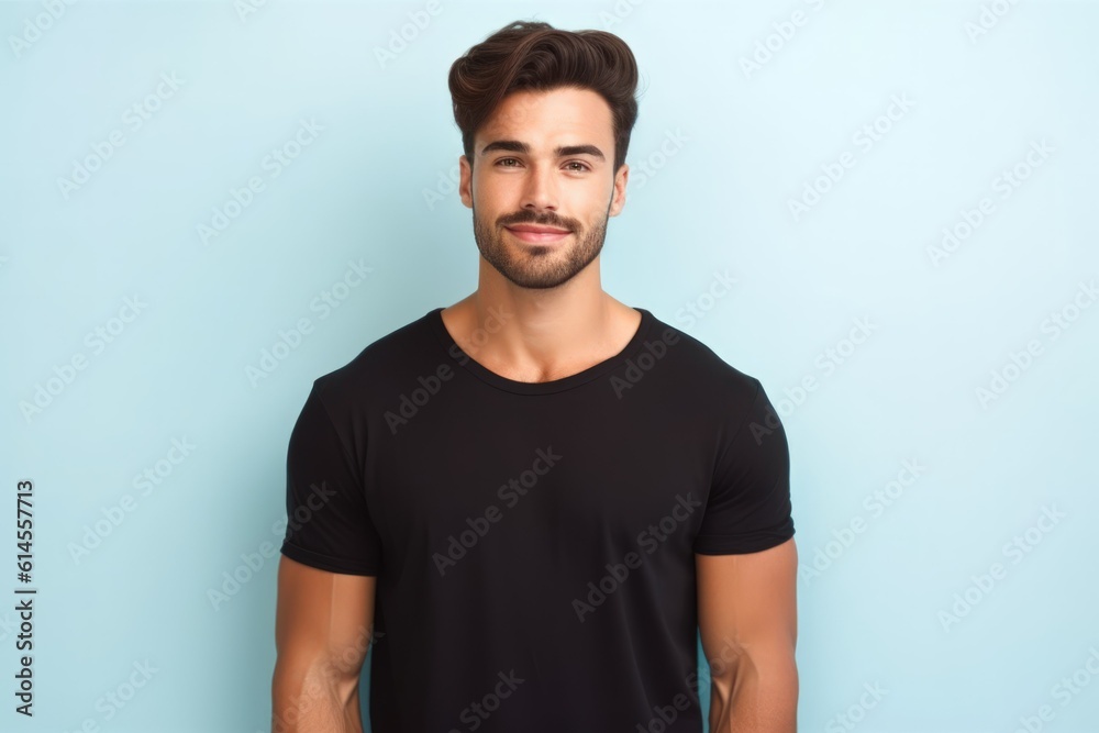 Portrait of a muscular handsome guy wearing a plain t-shirt, isolated on a pastel background. Generative AI illustration. Portrait of a muscular handsome guy wearing a plain t-shirt, isolated on a pastel background. Generative AI illustration.