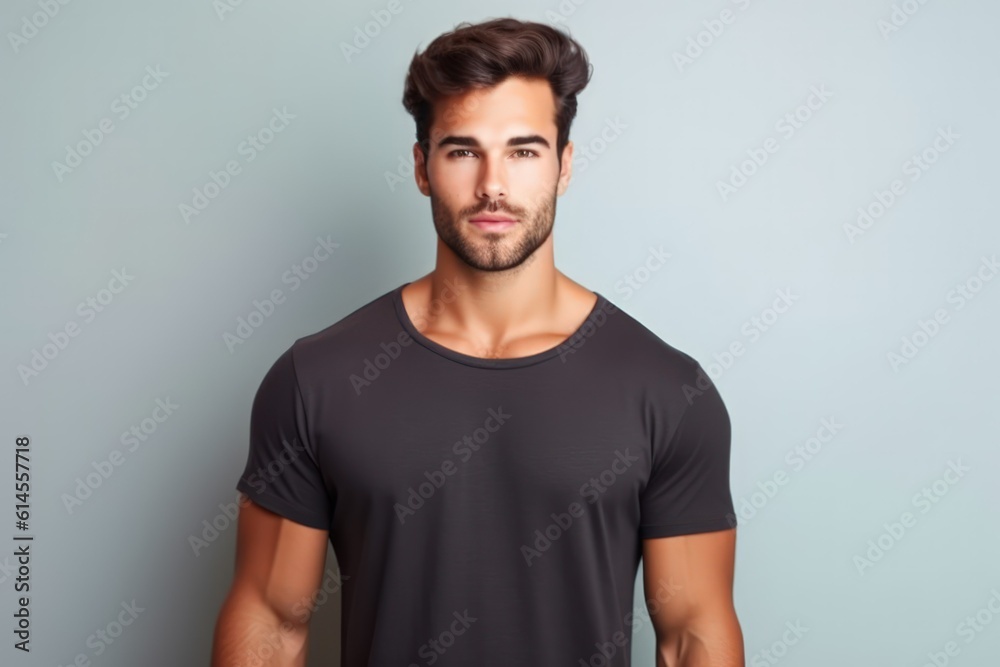 Portrait of a muscular handsome guy wearing a plain t-shirt, isolated on a pastel background. Generative AI illustration. Portrait of a muscular handsome guy wearing a plain t-shirt, isolated on a pastel background. Generative AI illustration.