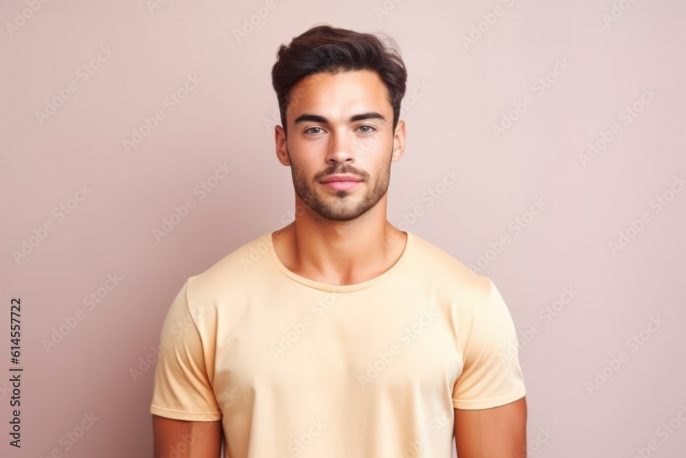 Portrait of a muscular handsome guy wearing a plain yellow t-shirt, isolated on a pastel background. Generative AI illustration. Portrait of a muscular handsome guy wearing a plain yellow t-shirt, isolated on a pastel background. Generative AI illustration.