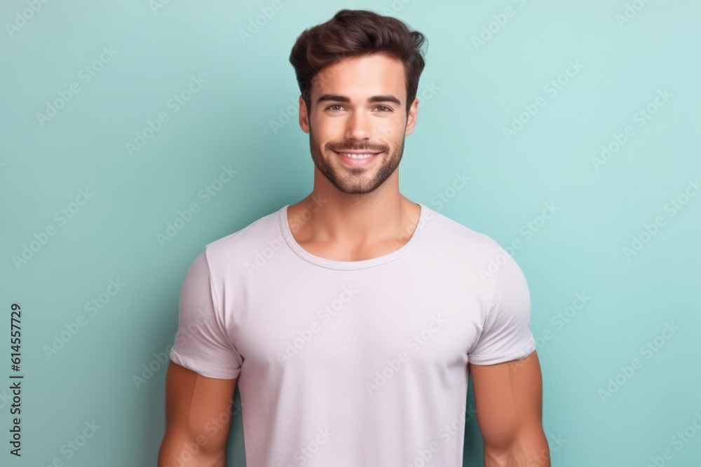 Portrait of a muscular handsome guy wearing a plain t-shirt, isolated on a pastel background. Generative AI illustration. Portrait of a muscular handsome guy wearing a plain t-shirt, isolated on a pastel background. Generative AI illustration.