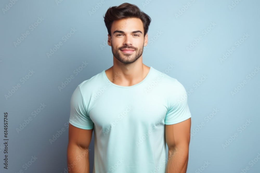 Portrait of a muscular handsome guy wearing a plain t-shirt, isolated on a pastel background. Generative AI illustration.