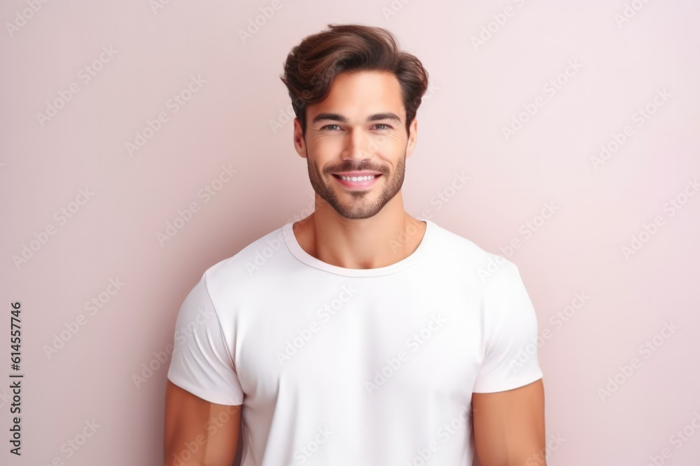 Portrait of a muscular handsome guy wearing a plain t-shirt, isolated on a pastel background. Generative AI illustration. Portrait of a muscular handsome guy wearing a plain t-shirt, isolated on a pastel background. Generative AI illustration.