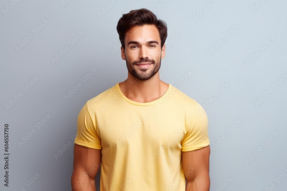Portrait of a muscular handsome guy wearing a plain yellow t-shirt, isolated on a pastel background. Generative AI illustration. Portrait of a muscular handsome guy wearing a plain yellow t-shirt, isolated on a pastel background. Generative AI illustration.