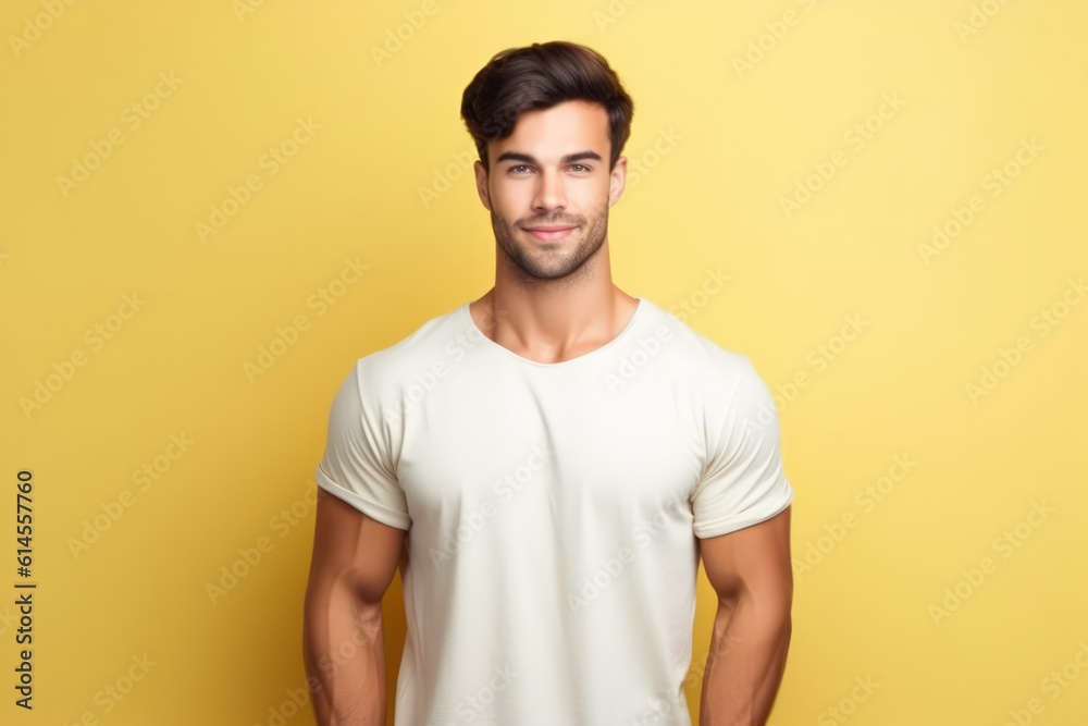Portrait of a muscular handsome guy wearing a plain white t-shirt, isolated on a yellow pastel background. Generative AI illustration. Portrait of a muscular handsome guy wearing a plain white t-shirt, isolated on a yellow pastel background. Generative AI illustration.
