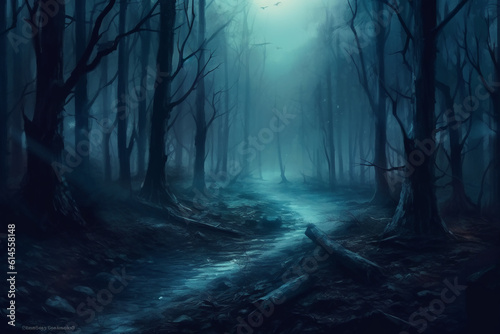 Fog in the forest with moonlight. AI generative