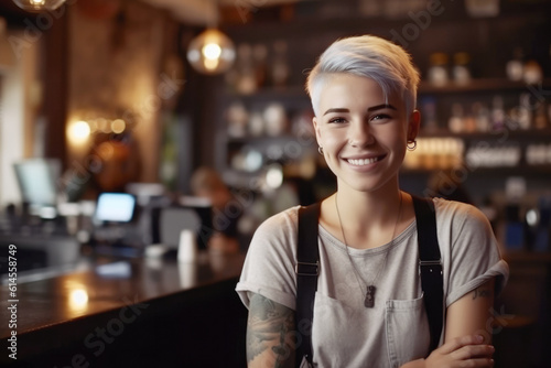 Portrait of a happy and smiling female waiter, or small business owner in the coffee shop. 